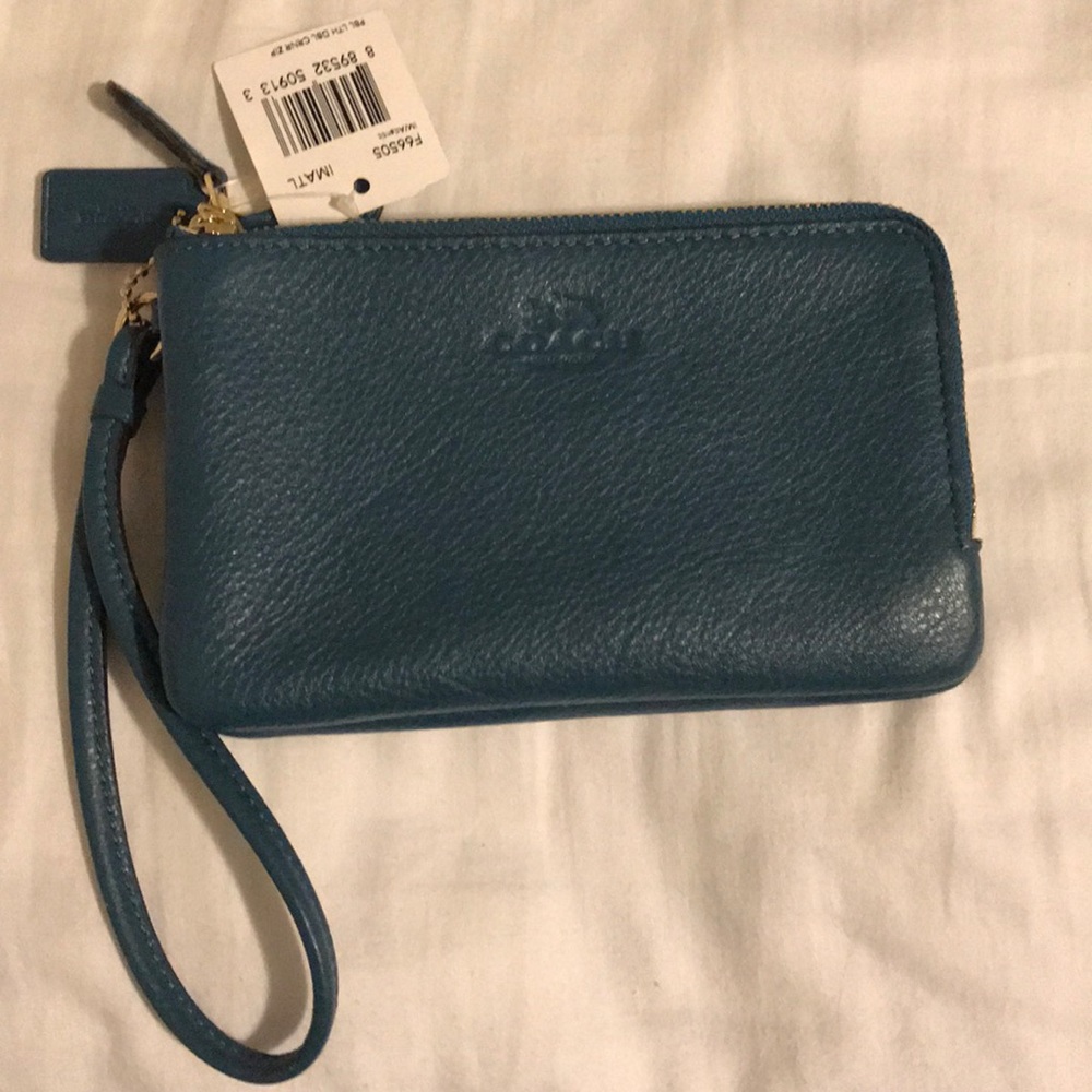 Teal Coach leather wristlet